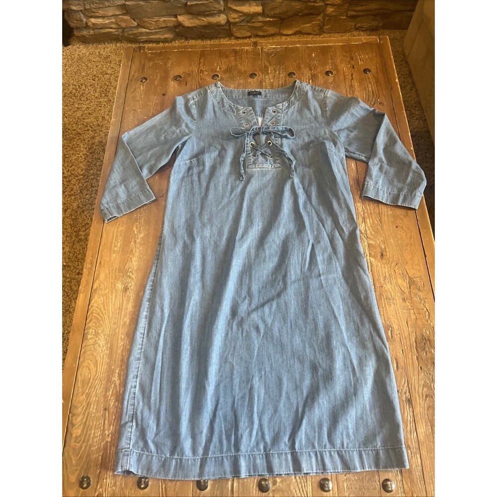 Talbots Chambray Denim Dress Women’s Sz 6 Blue Lace Up Shift 3/4 Sleeve Cotton